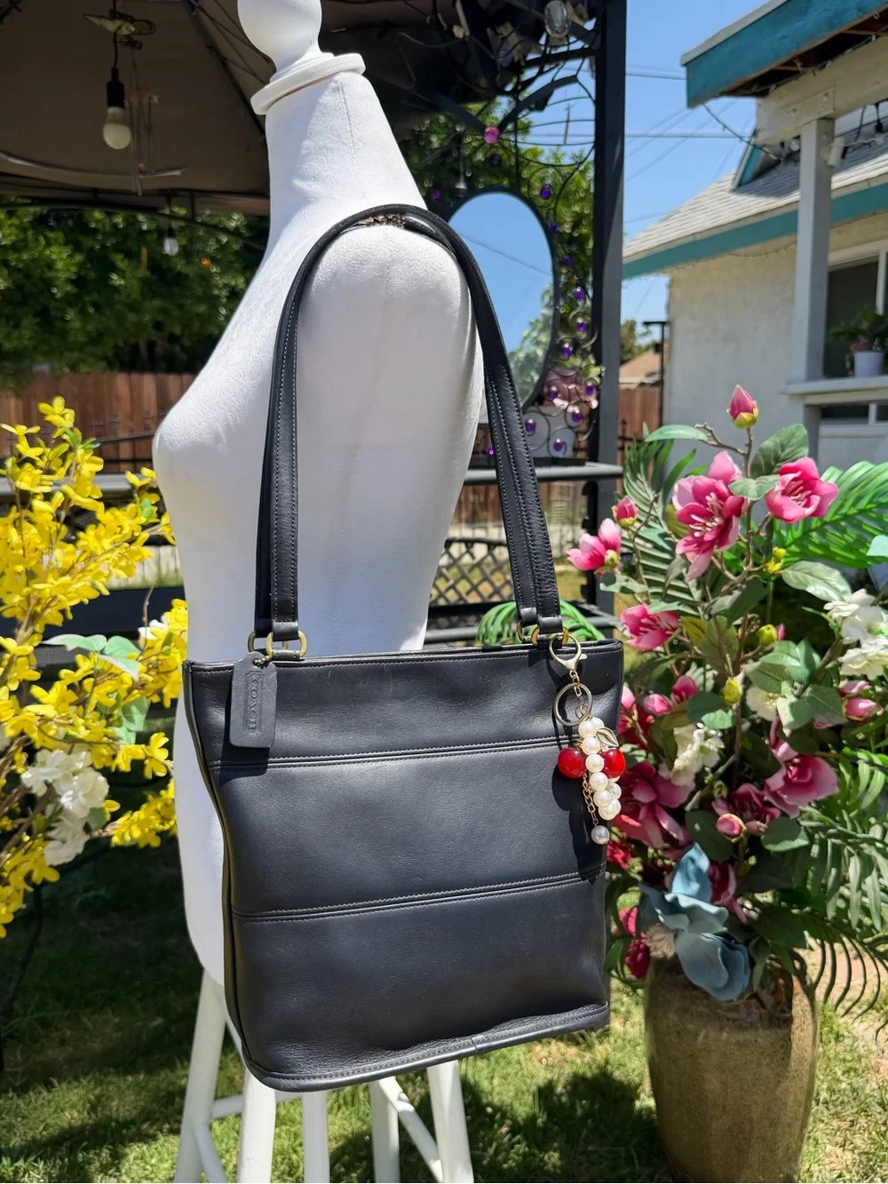 Coach  Black Leather Tote Bag with Bead Charm - Picture 4 of 10